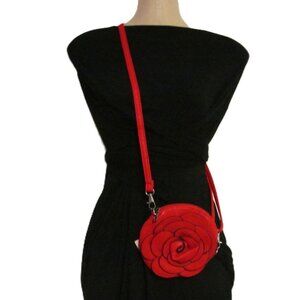 Red Leather Floral Appliqué Adjustable Shoulder Bag Purse by VLD